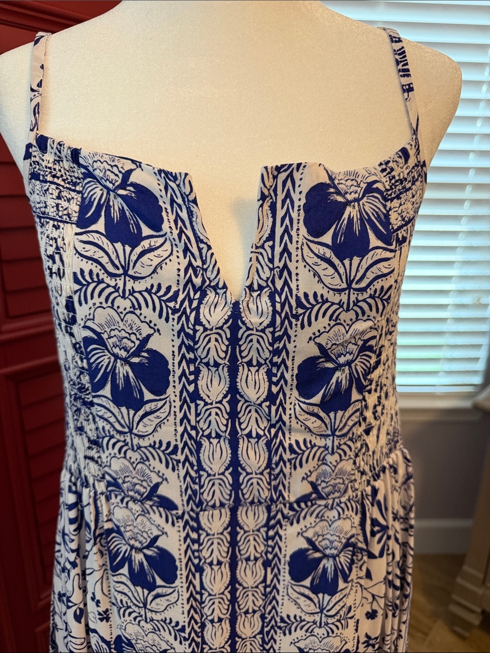 Angie Blue and White Printed Maxi Dress with Spaghetti Straps - Picture 4 of 9